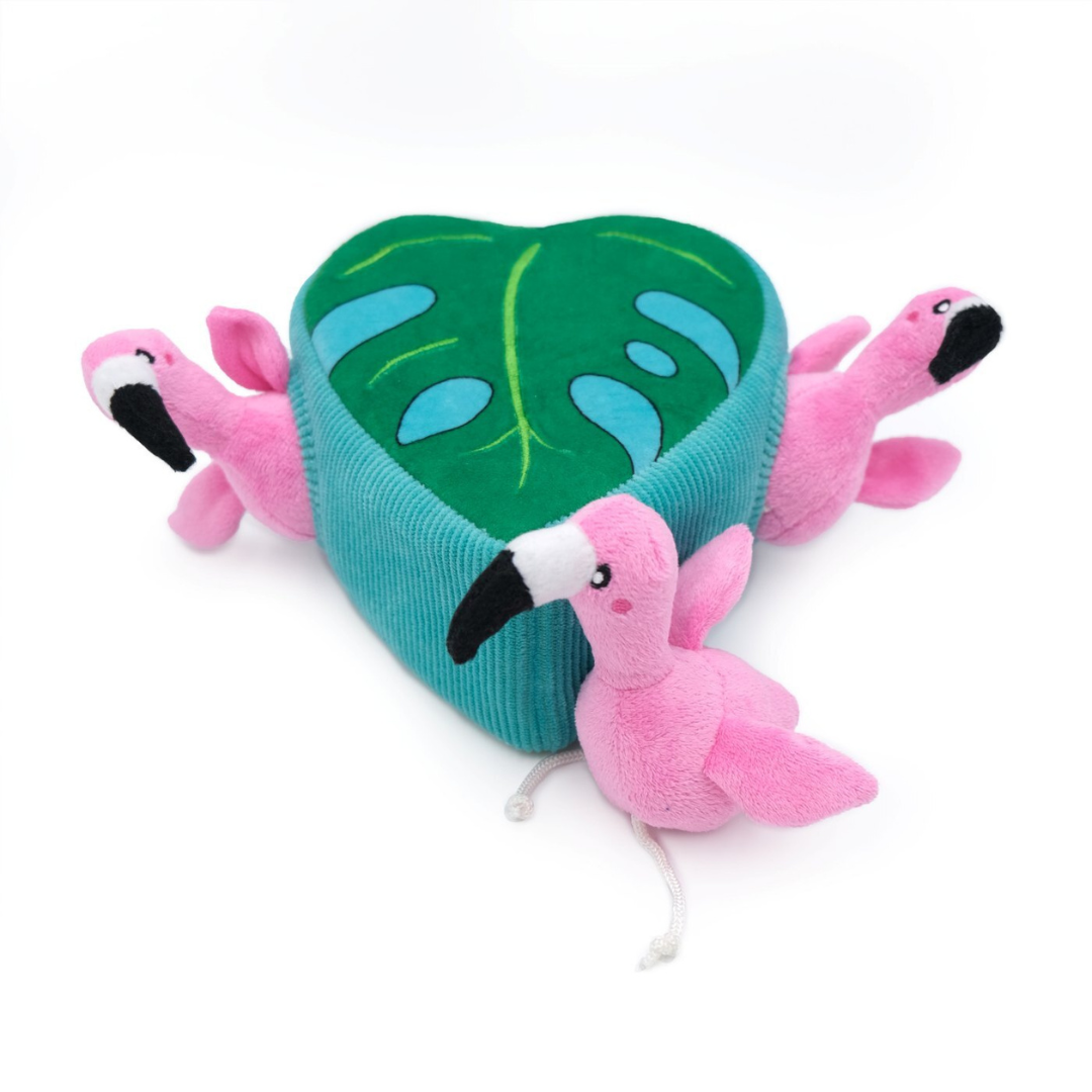 zippypaws-burrow-flamingo-in-monstera-dog-toy